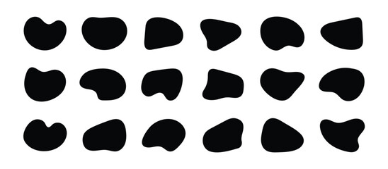 Fototapeta na wymiar Blob shape organic set. Random black cube drops simple shapes. Pebble, inkblot, drops and stone silhouettes. Collection of paint liquid black blotch spot irregular form