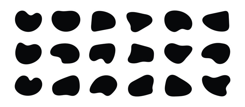 Blob shape organic set. Random black cube drops simple shapes. Pebble, inkblot, drops and stone silhouettes. Collection of paint liquid black blotch spot irregular form