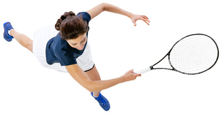 Top view image of young woman tennis player in motion, running with racket isolated over...