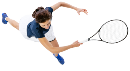 Top view image of young woman tennis player in motion, running with racket isolated over transparent background. Concept of professional sport, competition, game, action, hobby.