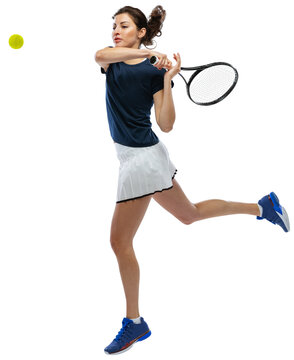 Full-length of young sportive girl, tennis player in motion hitting ball with racket isolated over transparent background. Concept of professional sport, competition, game, action, hobby.