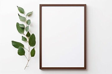Wooden frame with eucalyptus branches on white background. Flat lay, top view.
