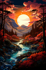 Sunset in the Forest with River and Mountains. Orange Sky. Autumn Landscape. Generative AI. 