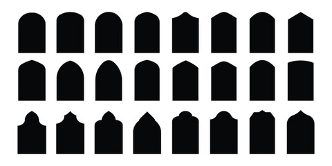 Set of vector Islamic door and window shapes. Arabic style arch. Arabic arch windows and doors in traditional silhouettes. Oriental architecture elements template of eastern door. Vector illustration - obrazy, fototapety, plakaty