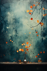 Grunge background with Autumn Leaves. Orange Leaf Still Life. Blue Tapestry. Generative AI. 