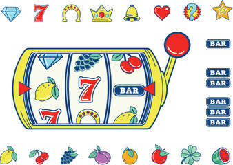 Casino slot machine reel with slot fruit machine symbols and icons isolated on white and vector based.