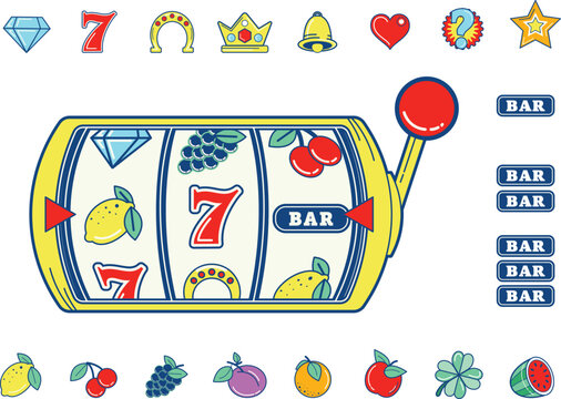 Casino slot machine reel with slot fruit machine symbols and icons isolated on white and vector based.