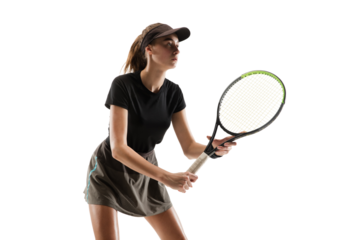 Sportive girl, tennis player in sportswear standing in position with racket during game isolated over transparent background. Concept of professional sport, competition, game, action, hobby.