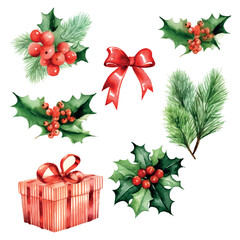 Christmas set watercolor in cartoon style gift tree