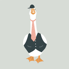 Cute male goose dressed in a vest, tie, and a cap. Anthropomorphic illustration, fashion bird isolated vector