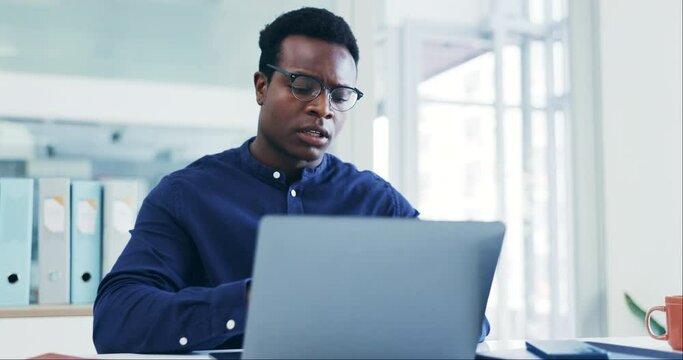 Business man, headache and frustrated on laptop for stock market crash, bankruptcy and online mistake or error. Worker, african person or trader with pain, sad or stress for trading fail on computer