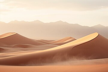 Sandy dunes stretch amidst desert, framed by distant mountains. Generative AI