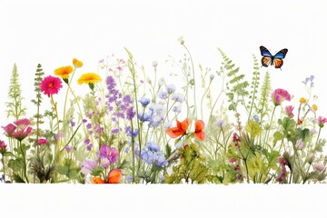 Vibrant border with herbs, flowers, leaves & butterfly on white. Botanical art for spring. Generative AI