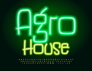 Vector glowing banner Agro House. Bright Neon Font. Modern Alphabet Letters and Numbers set. 