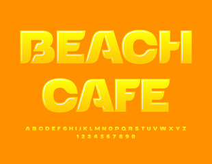 Vector sunny emblem Beach Cafe. Yellow Glossy Font. Artistic Alphabet Letters and Numbers.