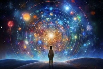 Our inner center embodies universal and cosmic love, connecting us to all; we are children of the stars. Copy space. Generative AI