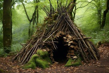 A woodland shelter built using primitive skills and natural materials. Generative AI