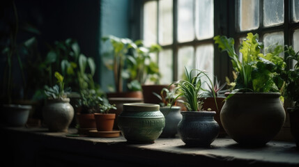 Beautiful houseplants in pots near window indoors. House decor.