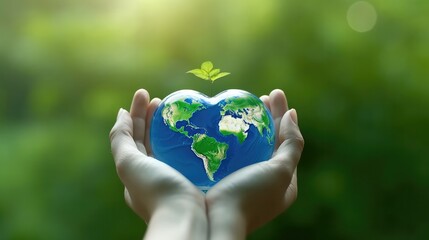 Hand holding globe green earth heart shape for caring environment concept. Generative Ai