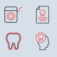 Set line Clipboard with dental card, Tooth, Toothache and Dental floss icon. Vector