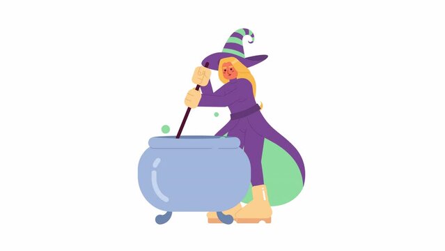 Halloween witch brewing bubbly cauldron cartoon animation. Magic cooking 4K video motion graphic. Helloween potion. Wizard lady boiling pot 2D color animated character isolated on white background