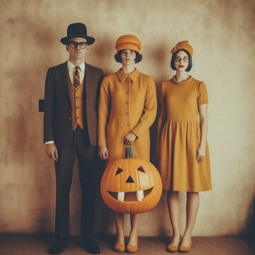 retro vintage grainy old-fashioned photo of family in faded orange clothes,holds pumpkin, against the old wall. halloween holiday card, weird spooky creepy atmosphere