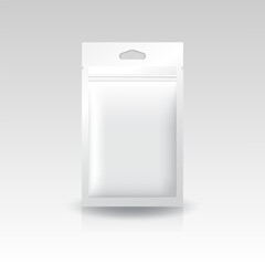 White foil, plastic, paper flat zip lock bag with triangle hang hole for products. Isolated on gradient gray background. Ready to use for package design. Realistic vector illustration.