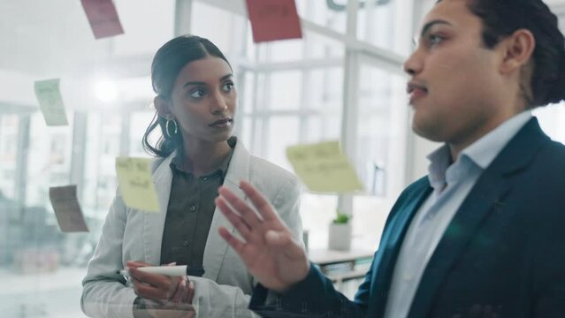 Business people, teamwork and brainstorming on glass in office for planning ideas, collaboration and agenda. Man, woman and employees writing feedback of schedule, mindmap and timeline of information