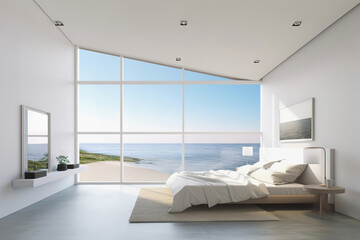 Fototapeta na wymiar Luxury attic bedroom with panoramic windows. Minimalist design, ocean view