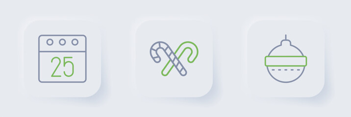 Set line Christmas ball, Candy cane with stripes and day calendar icon. Vector