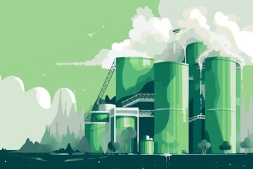Illustration of power station being painted environmentally green, representing greenwashing. Companies use misleading information to seem friendly. Generative AI