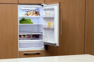 an opened refrigerator in a kitchen. Generative AI