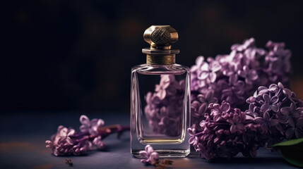 Obraz na płótnie Canvas Beautiful lilac flowers with bottle of perfume on purple background with space for text.