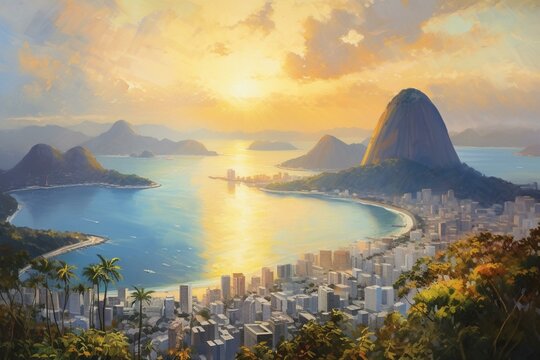 Oil painting capturing the stunning view of Rio de Janeiro from Sugarloaf Mountain in Brazil. Generative AI