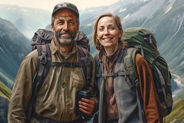 Fototapeta premium Active middle aged couple standing with mountains in background. Active lifestyle. Generative AI