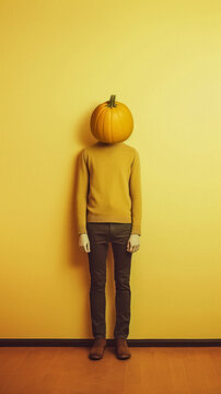 retro vintage grainy old-fashioned photo of a man with a pumpkin instead of a head, against the old yellowish wall . halloween holiday card, weird spooky creepy atmosphere