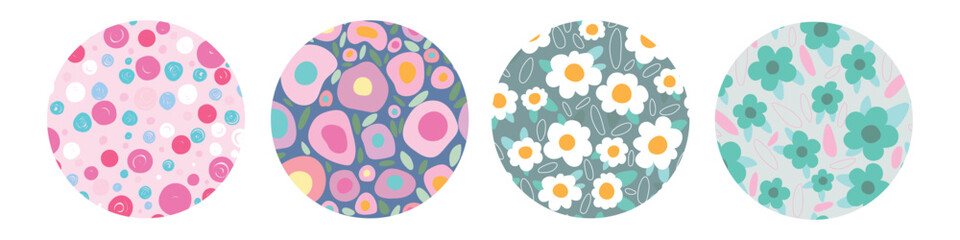 Seamless circle pattern with naive flowers and polka dots, four pattern on white background. Vector illustration. 