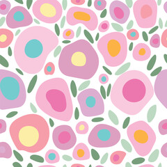 Seamless pattern with cute pink abstract flowers and leaves. Vector illustration.
