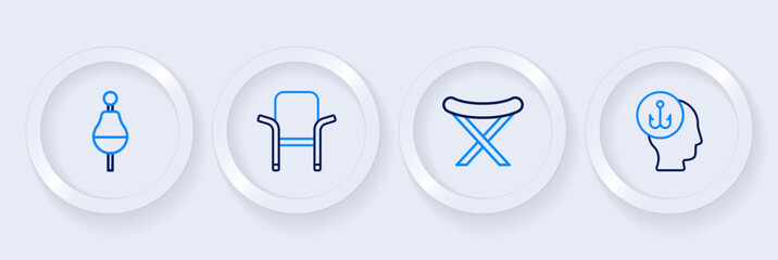 Set line Camping folding chair, Fishing harpoon, and float icon. Vector
