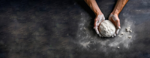Man baker hands kneading the dough on black stone background with copy space. Chef making and kneading fresh dough for baking with place for text. Generative AI