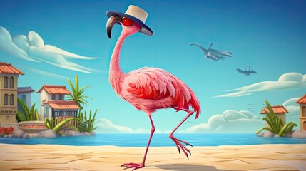 A stylish flamingo with a boater hat and sunglasses, gracefully dancing on one leg in a picturesque pose. Animal card, illustration, wallpaper. Generative AI. 