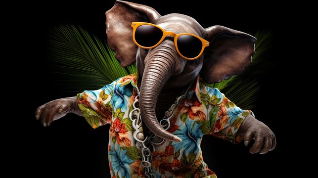 A charismatic elephant dressed in a Hawaiian shirt and sunglasses, shaking its trunk to the music. Animal card, fairy tale illustration, funny wallpaper. Generative AI. 