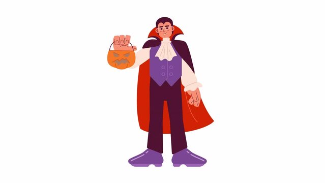 Male vampire holding candy bucket cartoon animation. Helloween dracula asking for candies 4K video motion graphic. Halloween party adult 2D color animated character isolated on white background
