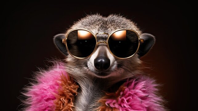 A sassy meerkat wearing a feather boa and sunglasses, strutting its stuff with confidence. Animal card. Generative AI. 