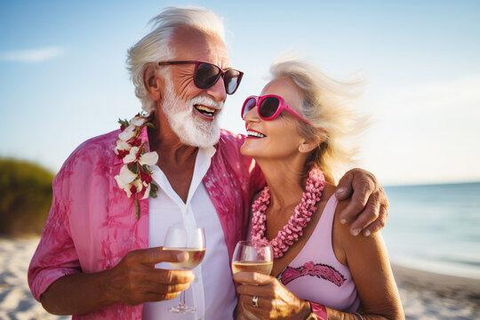 Happy couple of seniors relaxing on the beach with cocktails in hand - Powered by Adobe