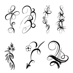Elegant Floral Tattoo Set: Abstract Forms in Motion, Expressive Calligraphy, Minimalistic Brushstrokes, and Iconographic Motifs. Features Graceful Figures, Spirals, Elongated Forms. - 636258521