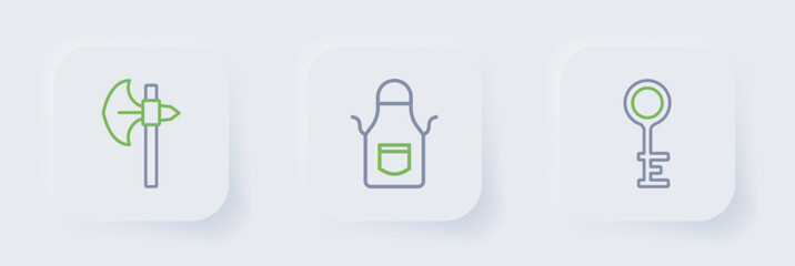Set line Old key, Blacksmith apron and Medieval axe icon. Vector