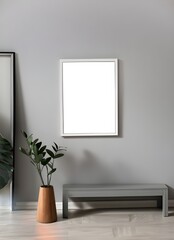 Blank picture frame mockup on gray wall. White living room design hd photography