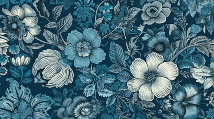 blue classic seamless floral design background leaf vintage illustration pattern flower.