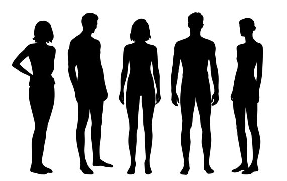 Vector silhouettes of men and women, figures of a group of standing  sports people, athletic body, profile, black color on a white background